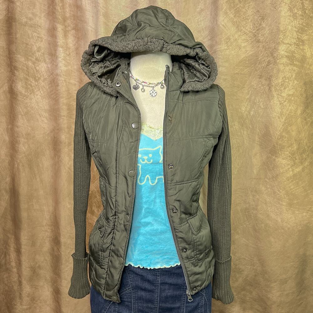Vintage Y2K Indie Sleaze Hoodie Jacket Green Knit Sleeves Zip Up Snap Skater